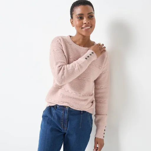 Pulover cu guler rotund, confecționat din tricot plușat