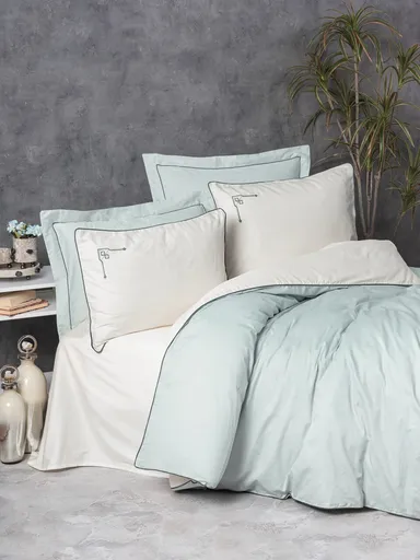 Lenjerie de pat dubla, L'essentiel Maison, Vanko, Menta/Alb