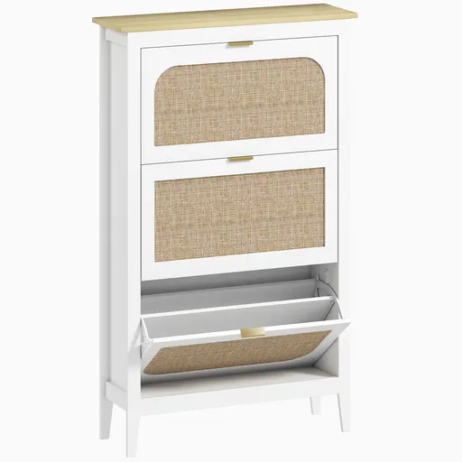 HOMCOM Dulap pentru încălțăminte 21 perechi boem cu 3 sertare rabatabile, uși cu efect cannage ratan, 80 x 24 x 131 cm, alb | Aosom Romania