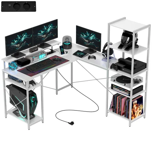 HOMCOM Birou de colț, în formă de L cu priză integrată, suport monitor și raft depozitare, alb | Aosom Romania