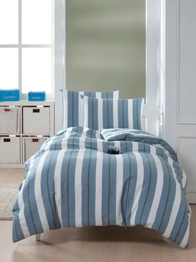 Lenjerie de pat pentru o persoana 2 piese, L'essentiel Maison, Helsinki, Bumbac;Poliester, Albastru petrol / Alb