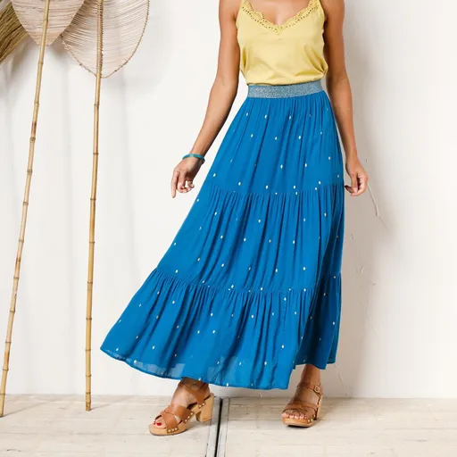 Fustă lungă cu volane cu imprimeu auriu