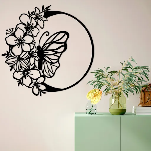 Decoratiune de perete, Butterfly And Flower, Dimensiune: 69 x 1,5 x 68 cm, Negru