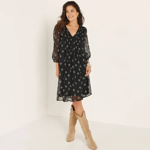 Rochie scurtă din voal cu pliuri și imprimeu cu buline