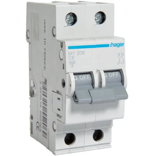 Siguranta automata 2P, 6A, 4,5kA, C, Hager MY206