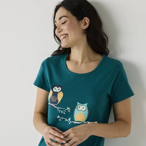 Cămașă de noapte lungă cu mâneci scurte și imprimeu cu bufnițe