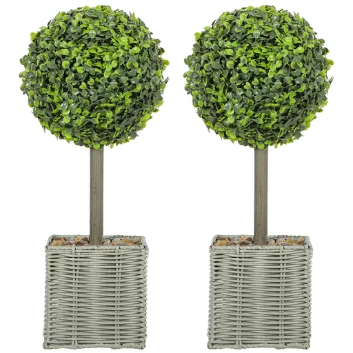HOMCOM Set de 2 plante artificiale decorative, bile de buxus artificial 50 cm cu ghiveci din plastic împletit și pietre, verde | Aosom Romania