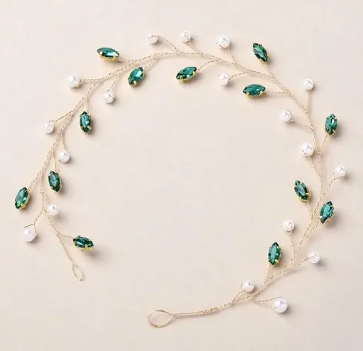 Coronita Mireasa, Accesoriu Coafura cu Perle si Strasuri Verde Smarald - 27448817