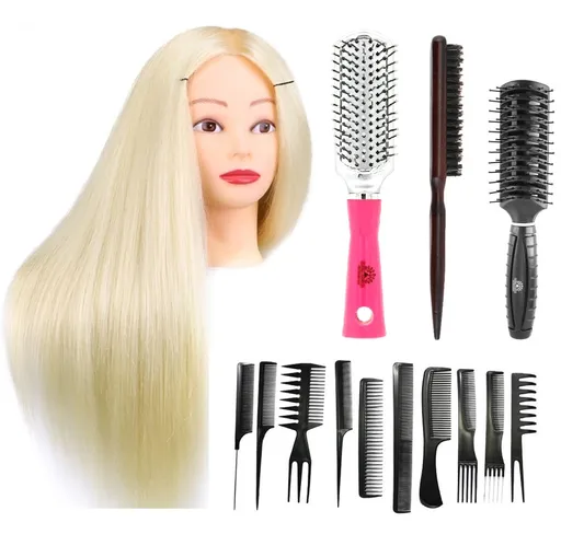 Set Kit Coafor pentru Impletituri Creativ, Cap Manechin Par Blond 50% Natural, 55 cm