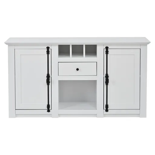 Bufet modern cu 2 uși, 1 sertar, spațiu semideschis de depozitare și 3 rafturi pentru vin, 130x35x70 cm, Alb
