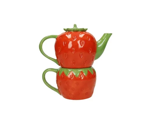Ceainic cu ceasca 2in1, Brandani, Strawberry, 17x11x16 cm, dolomit, rosu