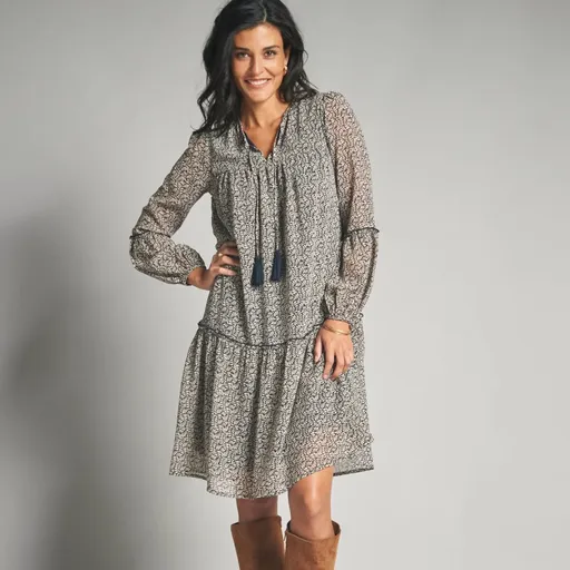 Rochie evazată din voal cu imprimeu