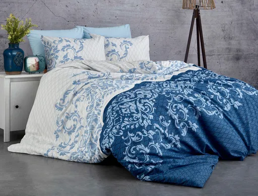 Lenjerie de pat dubla, L'essentiel Maison, Lucca, Albastru/Alb