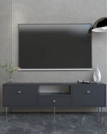 Comoda TV, Hanah Home, 1307-DROP-1, 140x45x30 cm, PAL , Antracit / Argintiu