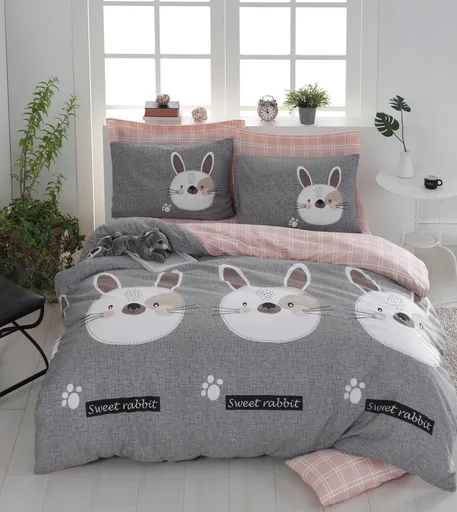 Lenjerie de pat dubla, L'essentiel Maison, Tavşancık, 65% bumbac/35% poliester, Gri / Maro / Alb / Roz
