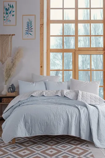 Set cuvertura de pat dubla 3 piese, L'essentiel Maison, Solid, Albastru deschis / Gri