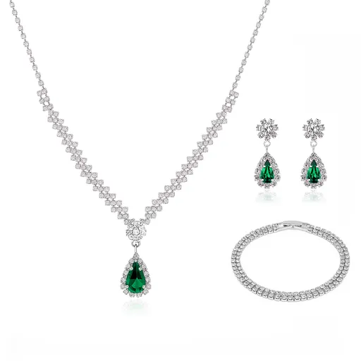 Troli Set de bijuterii pentru femei cu zircon verde Picătură (colier, brățară, cercei)