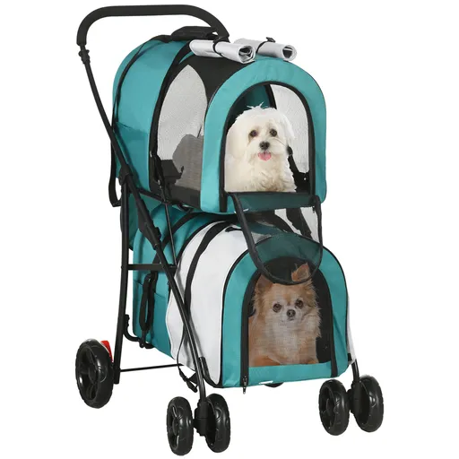 PawHut Cochecito Dublu pentru Câini Pisici Pliabil cu 2 Transportoare Extraibile cu Centură și Perne 66x50x98 cm Verde și Gri | Aosom Romania