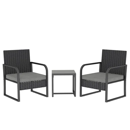 Outsunny Set de Grădină 3 Piese din Rattan PE și Oțel, Set cu 2 Fotolii cu Perne Lavabile și Măsuță de Cafea cu Blat din Sticlă, Set de Mobilier pentr