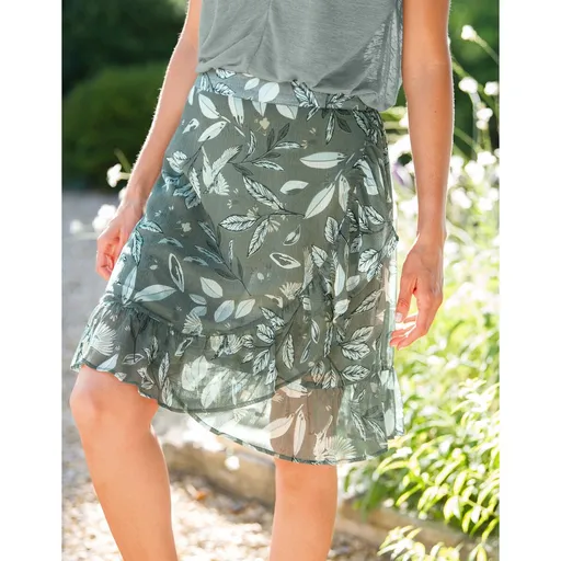 Fustă cu efect wrap, volane și imprimeu