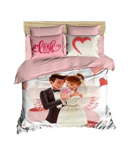 Lenjerie de pat dubla King (EU) (ES), 3 piese, L'essentiel Maison, 214, Alb/Roz