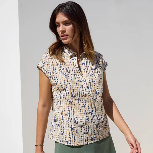 Bluză cu decolteu cu nasturi și imprimeu