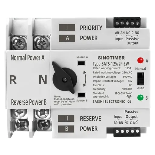 Comutator inteliget pentru PV WiFi eWeLink 2P 125A AC 230V ATS cu alimentare dubla, selector automat de transfer Sinotimer WIFI SATS-125/2P