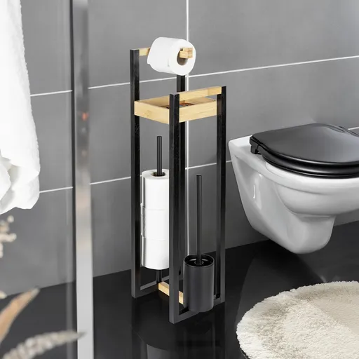 Suport pentru hartie igienica si perie toaleta Braidi, Wenko, 26x20x75.5 cm, bambus, natur/negru