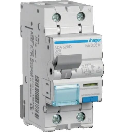Disjunctor diferential Hager ADA520D,1P+N 10kA curba B ,20A 30mA Typ A