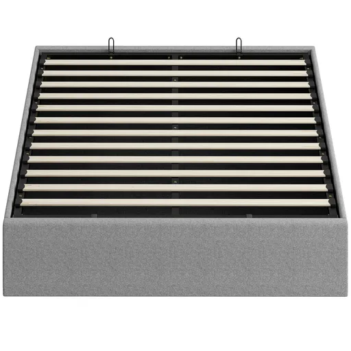 HOMCOM Pat cu spațiu de depozitare 140 x 190 cm, cadru pat dublu tapițat, somier cu lamele din lemn, depozitare ascunsă, fără zgomot, gri | Aosom Roma