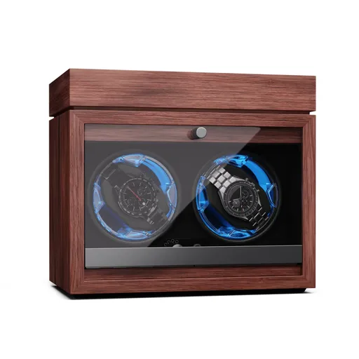 Klarstein Brienz 2, cutie de întors ceasuri, 2 ceasuri, 4 moduri, aspect de lemn, lumină interioară albastră, compartiment pentru bijuterii