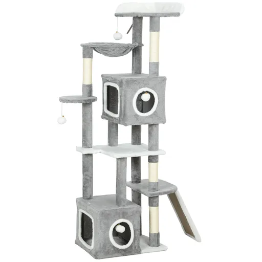 PawHut Arborele pentru Pisici cu Căsuțe, Rampe, Stinghie și 4 Mingi, Gri | Aosom Romania