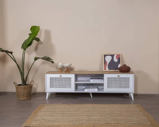 Comoda TV, Hanah Home, Calvin, 55x180x41 cm, Alb / Stejar