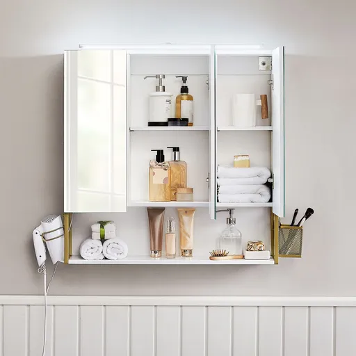 Dulap pentru baie cu oglinda si lampa LED, Vasagle, 70x16x70 cm, PAL/fier, alb/auriu