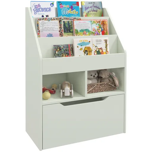 HOMCOM Bibliotecă pentru Copii cu Rafturi și Sertar, Raft Mobil pentru Jucării și Cărți, Dimensiuni 60x29.9x90 cm, Verde Strălucitor | Aosom România