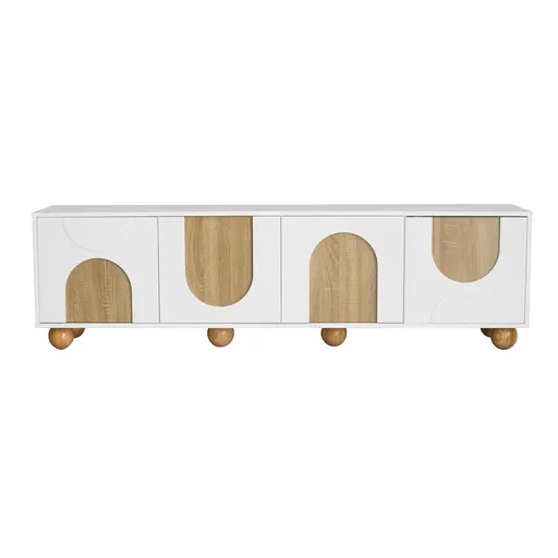 Comodă TV cu 4 uși, design minimalist cu aspect de lemn și finisaj alb, 175x38x50 cm, Culoare naturală+Alb