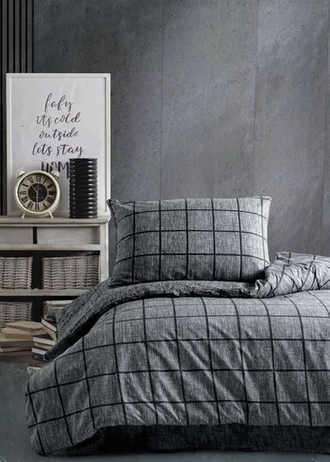 Lenjerie de pat pentru o persoana, L'essentiel Maison, Kare, Bumbac Ranforce, Negru