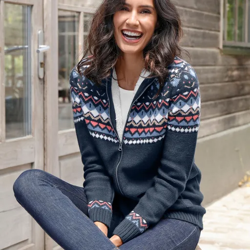 Pulover cu fermoar cu model jacquard și căptușeală moale