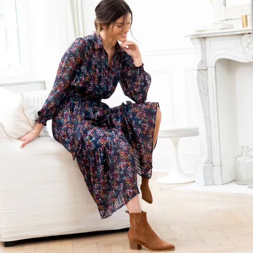 Rochie lungă din voal cu imprimeu și fire metalice