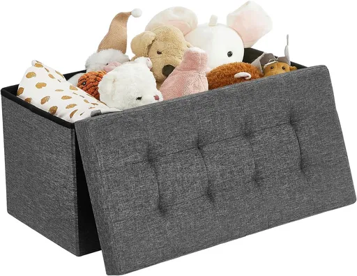 Bancheta cu spatiu pentru depozitare Ottoman Dark, Songmics, 76 x 38 x 38 cm, pliabila, imitatie in/MDF, gri inchis