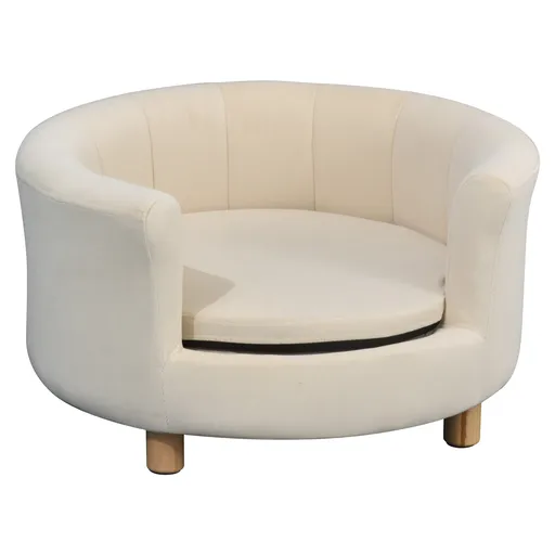 PawHut Canapea Tapițată pentru Câini cu Spătar și Pernă Detașabilă, Culcuș pentru Pisici de Interior, 65x64x37 cm, Crem | Aosom Romania