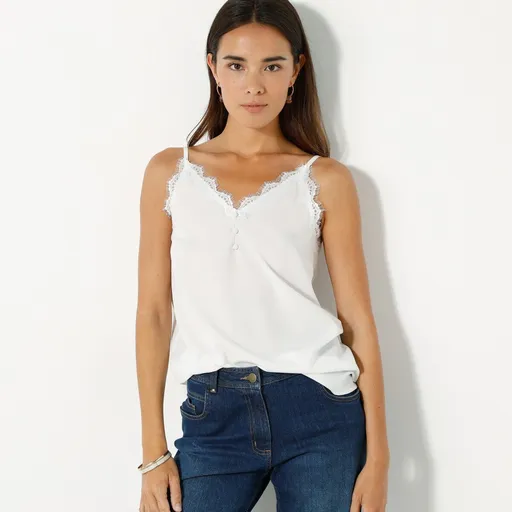 Top cu dantelă și nasturi la decolteu