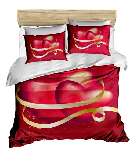 Lenjerie de pat dubla 3 piese, L'essentiel Maison, 152, Roșu / Alb / Auriu