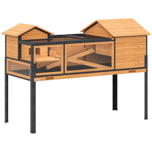 PawHut Casă pentru țestoase cu 2 etaje 2 camere ferestre rampe acoperiș rabatabil și tavă 128 x 63 x 96 cm galben | Aosom Romania