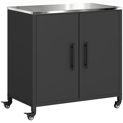 Outsunny Dulap de grădină din metal, dulap de depozitare exterior, blat din oțel inoxidabil și roți, Negru | Aosom Romania